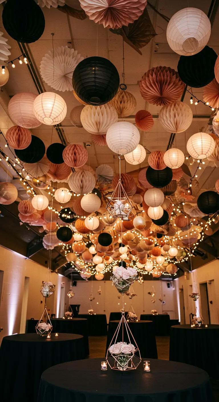 Ceiling covered in blush, black, and white paper lanterns and string lights over party tables.