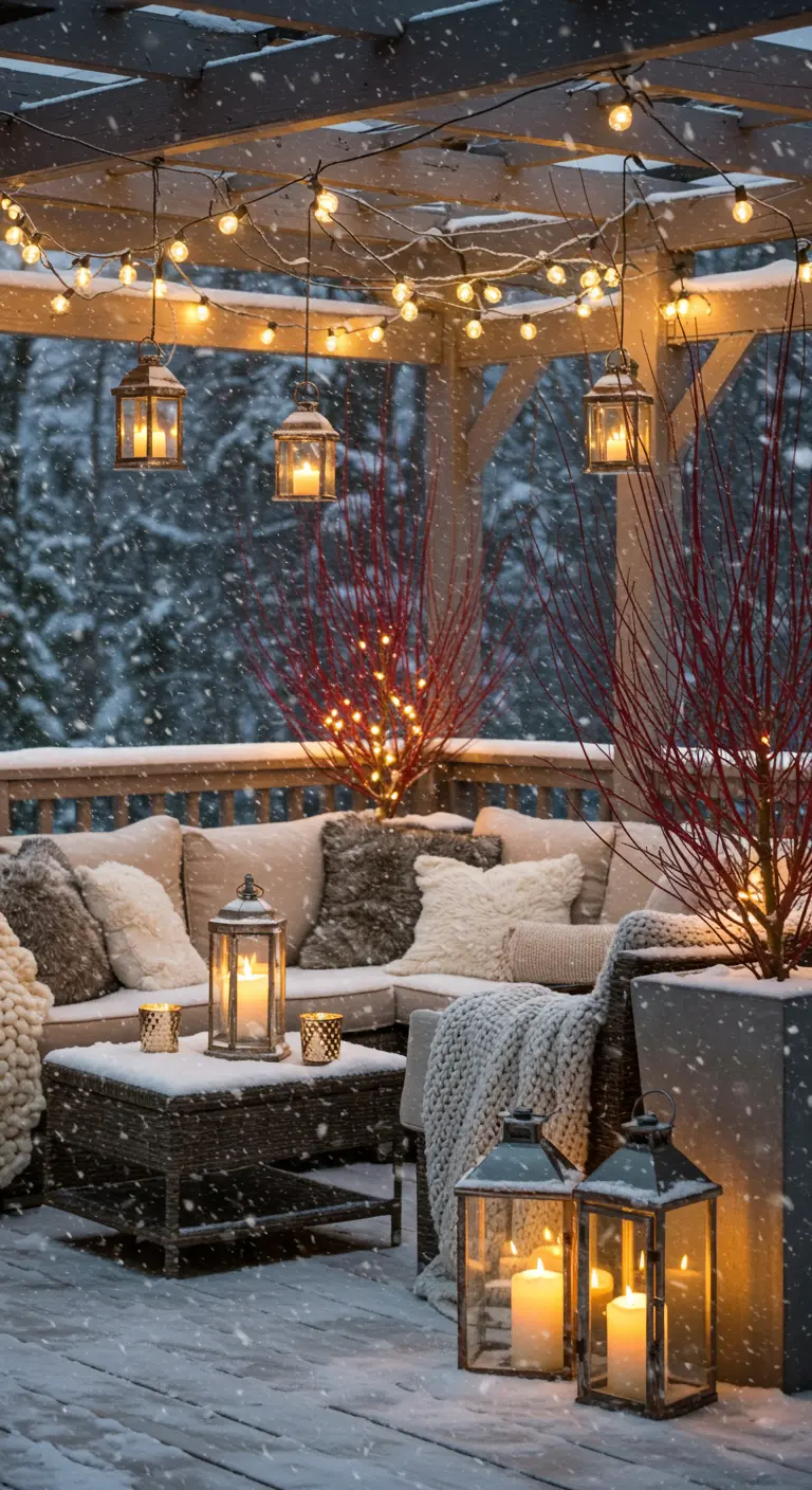 A snowy pergola decorated with hanging string lights and lanterns over a cozy couch.