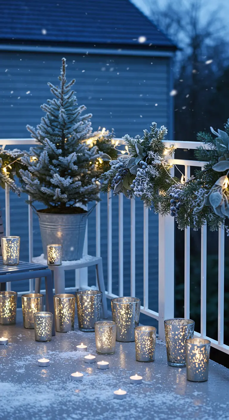 A snowy balcony floor covered in dozens of glowing candles and votives.