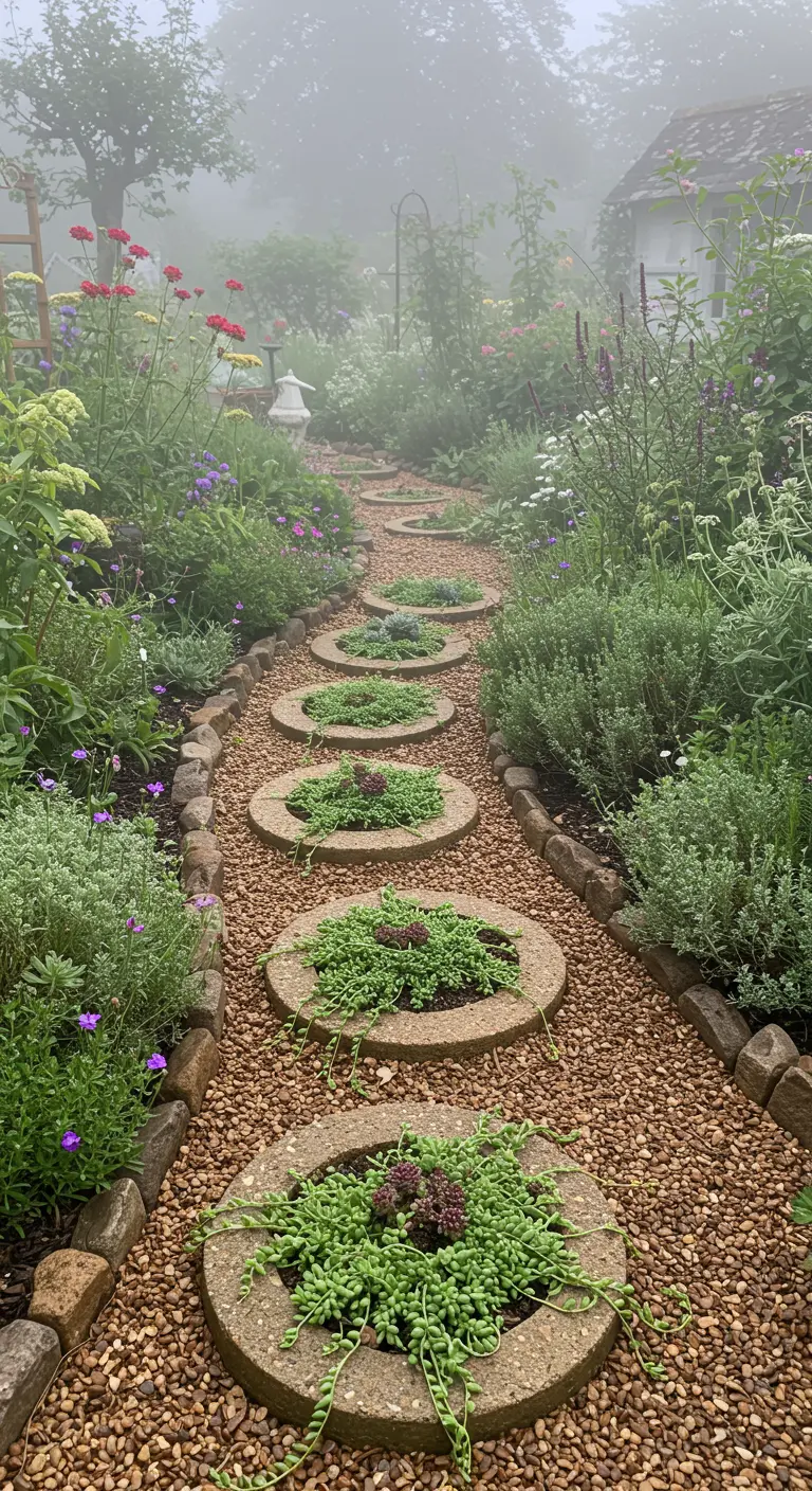 A gravel path with round concrete planters overflowing with trailing green succulents.