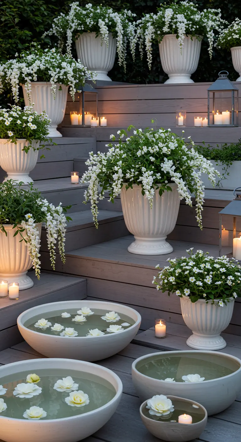 Tiered steps with urns of cascading white flowers and bowls of floating white blossoms.