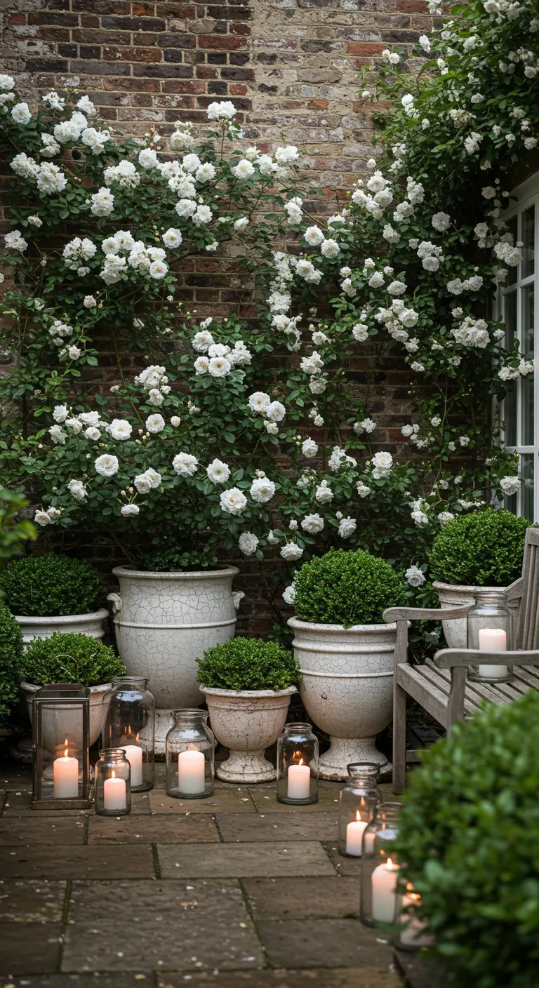 A brick wall covered in white climbing roses, with potted boxwoods and candles in jars below.