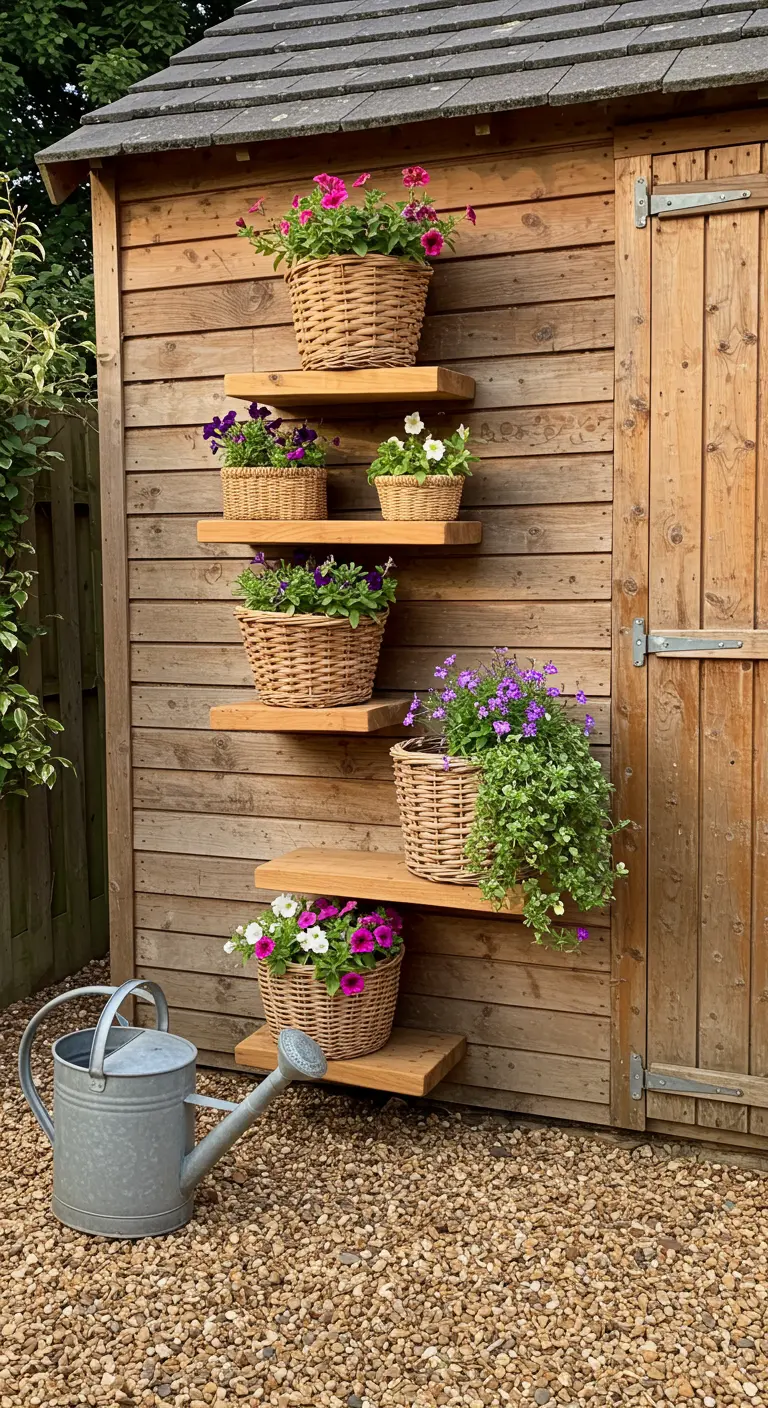 Staggered teak shelves on a wooden shed, overflowing with purple and pink petunias.
