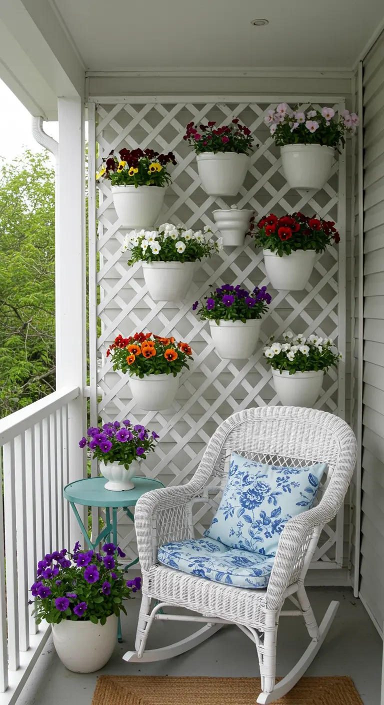A white lattice screen on a porch decorated with numerous pots of colorful pansies.