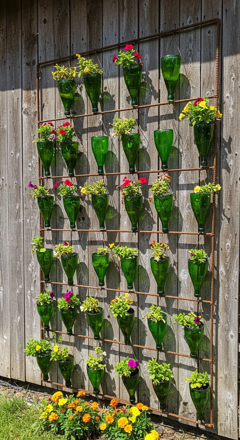 A vertical garden on a wooden wall, with wine bottles holding colorful flowers.