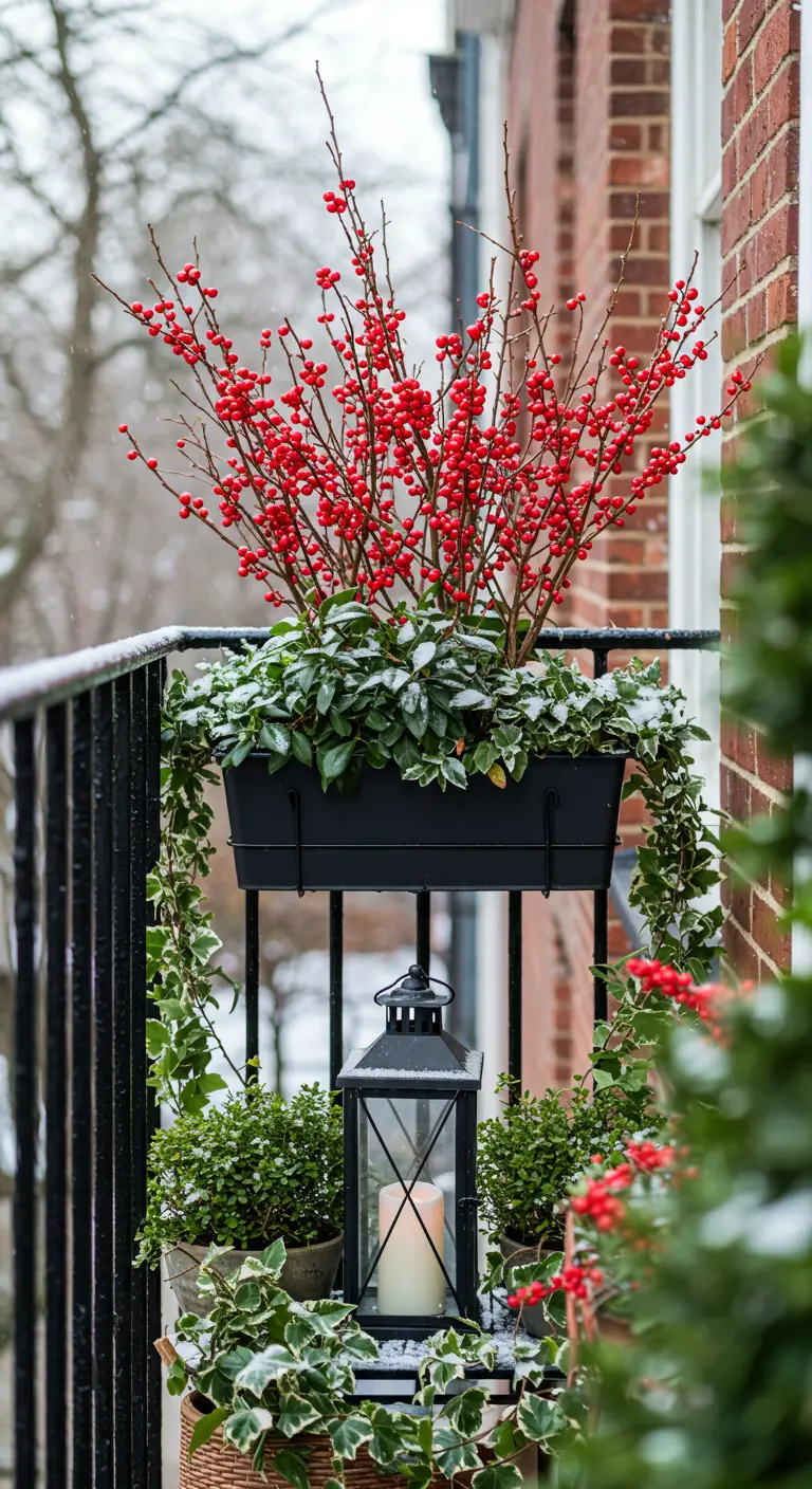 A black window box on a railing, filled with bright red winterberry branches and trailing ivy.