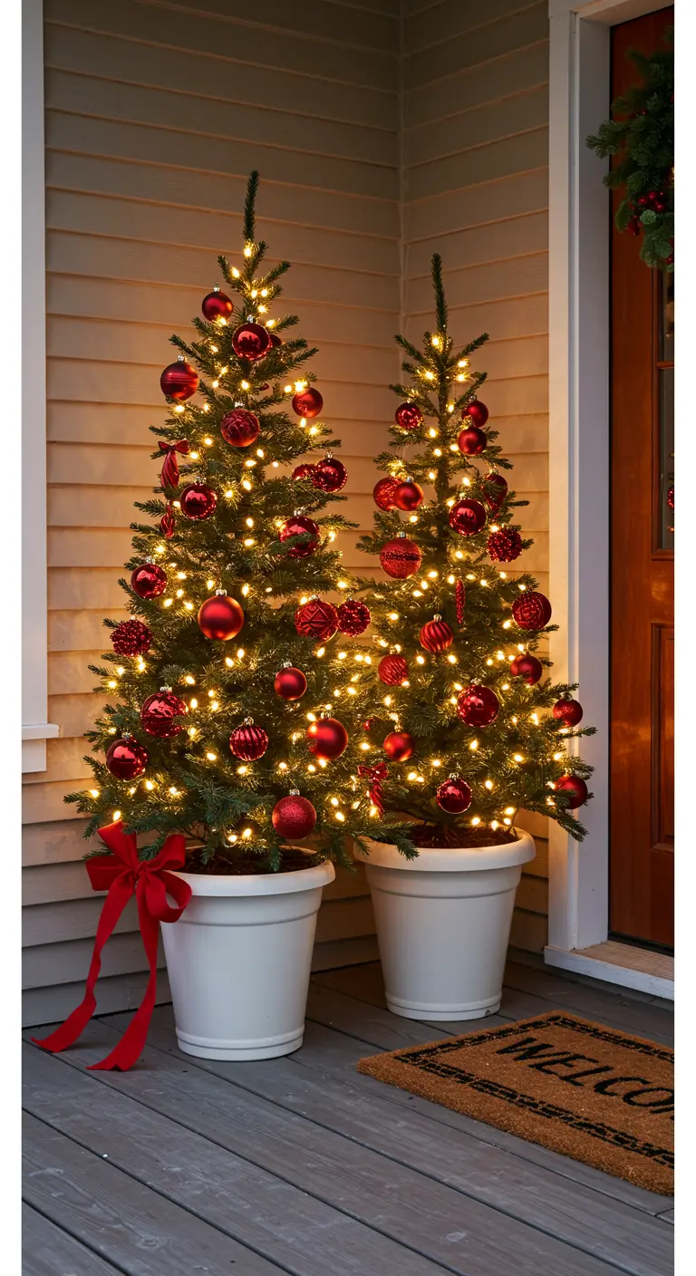 Two mini trees in white pots, heavily decorated with red Christmas ornaments.
