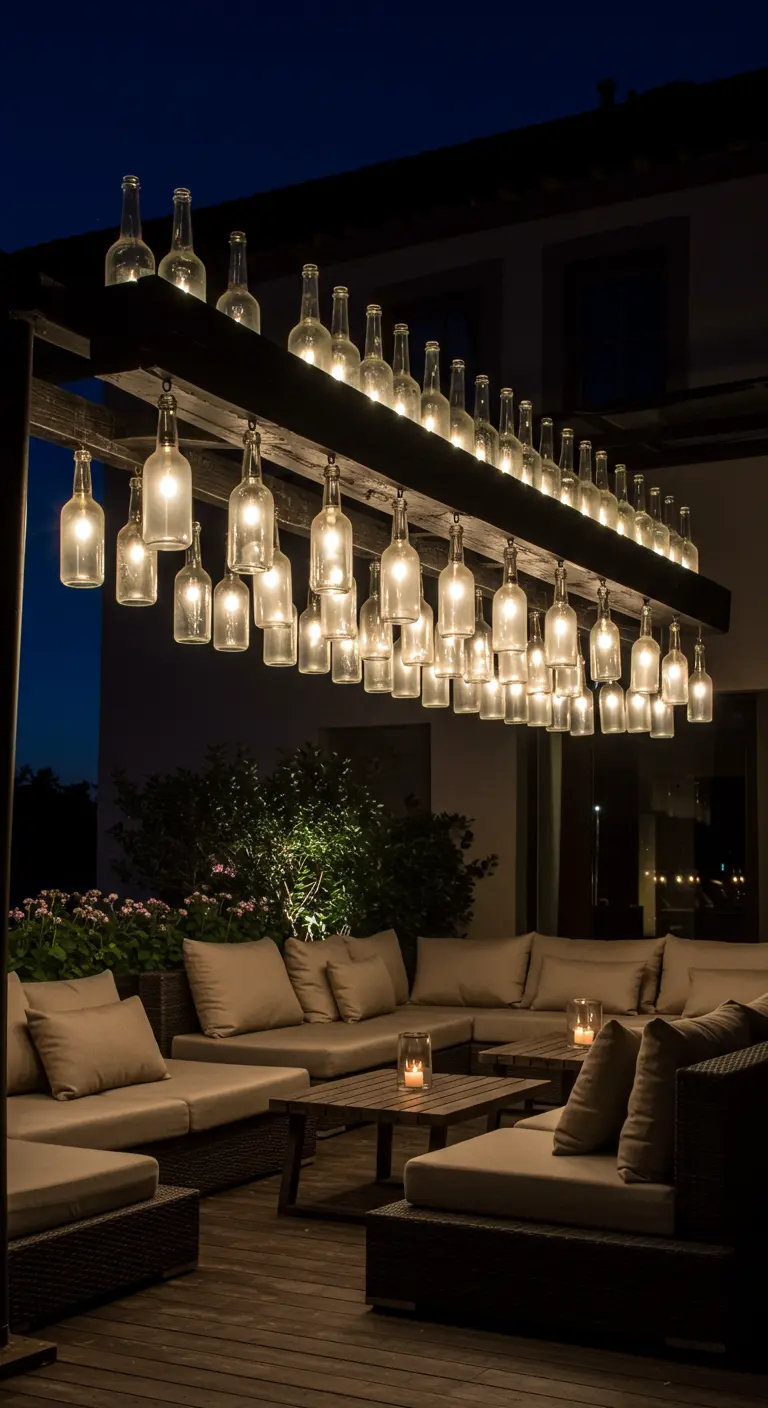 Large chandelier made of many clear glass bottles over a modern outdoor lounge area.