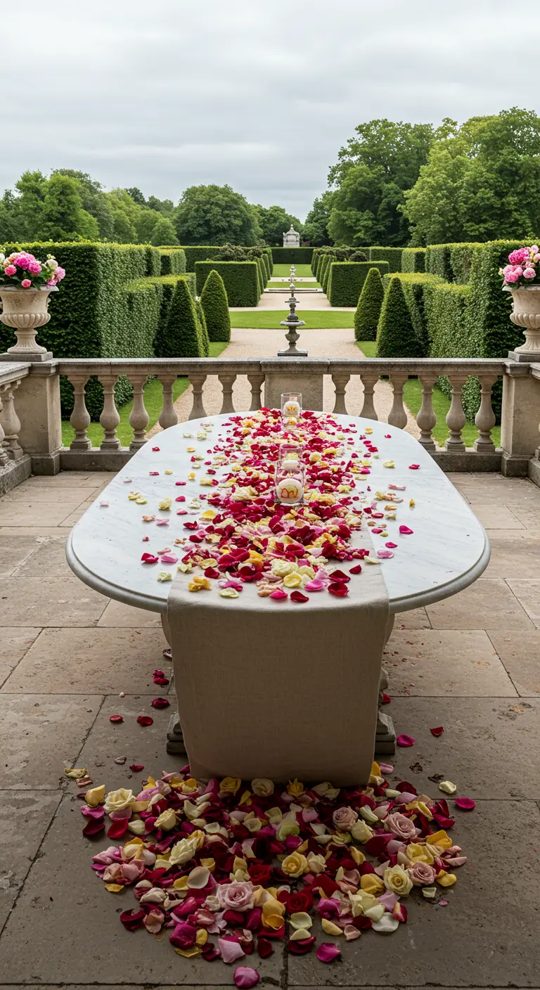 A long marble table on a stone terrace with a massive cascade of colorful rose petals flowing onto the ground.