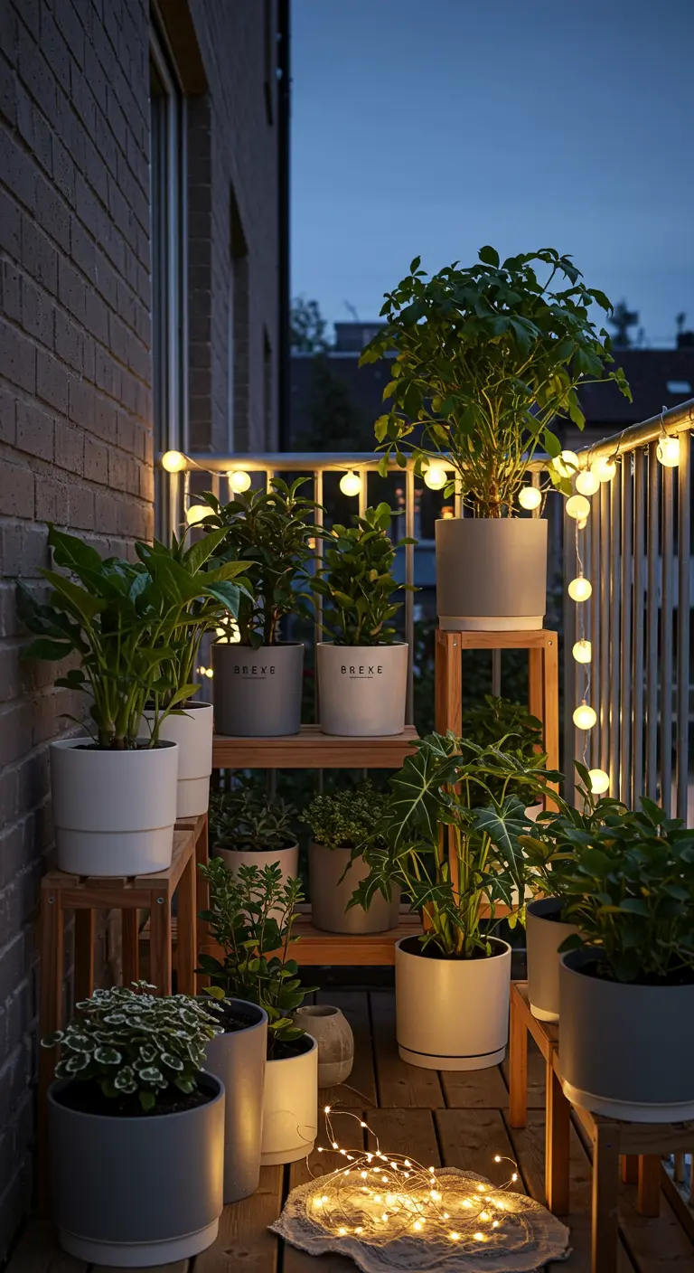 A balcony filled with plants on tiered wooden stands, with fairy lights coiled on the floor.