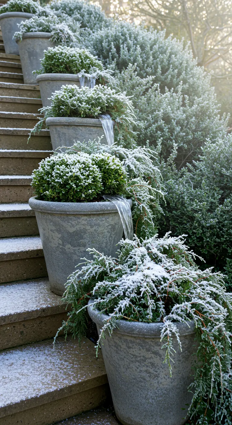 Stone planters on steps with boxwood and trailing juniper, creating a waterfall effect.