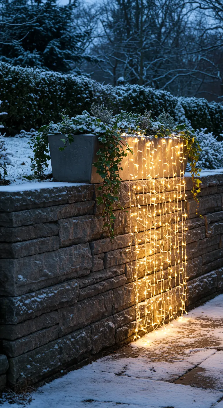 A planter on a stone wall with curtain lights cascading down like a waterfall.