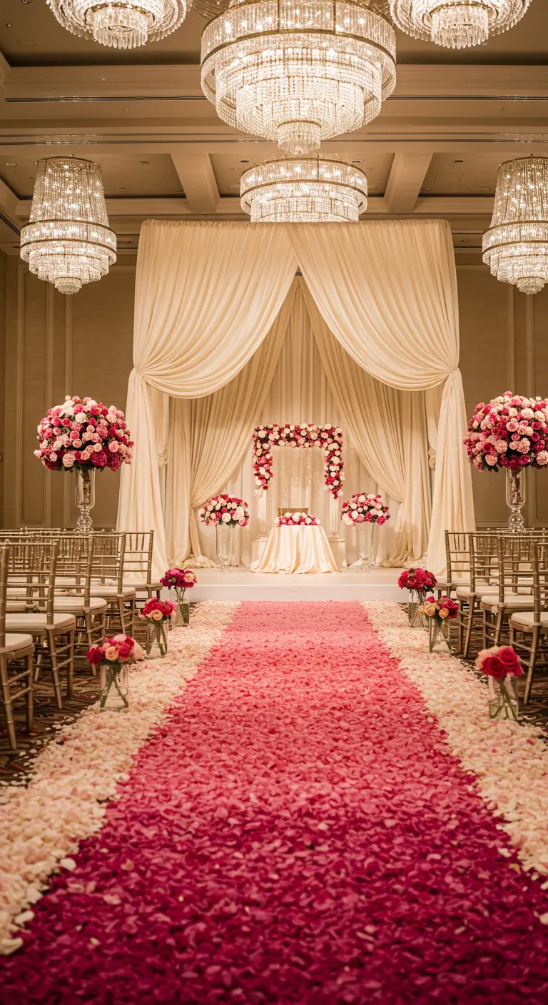 Lavish ballroom wedding with a dramatic pink ombré rose petal aisle and large floral arrangements.