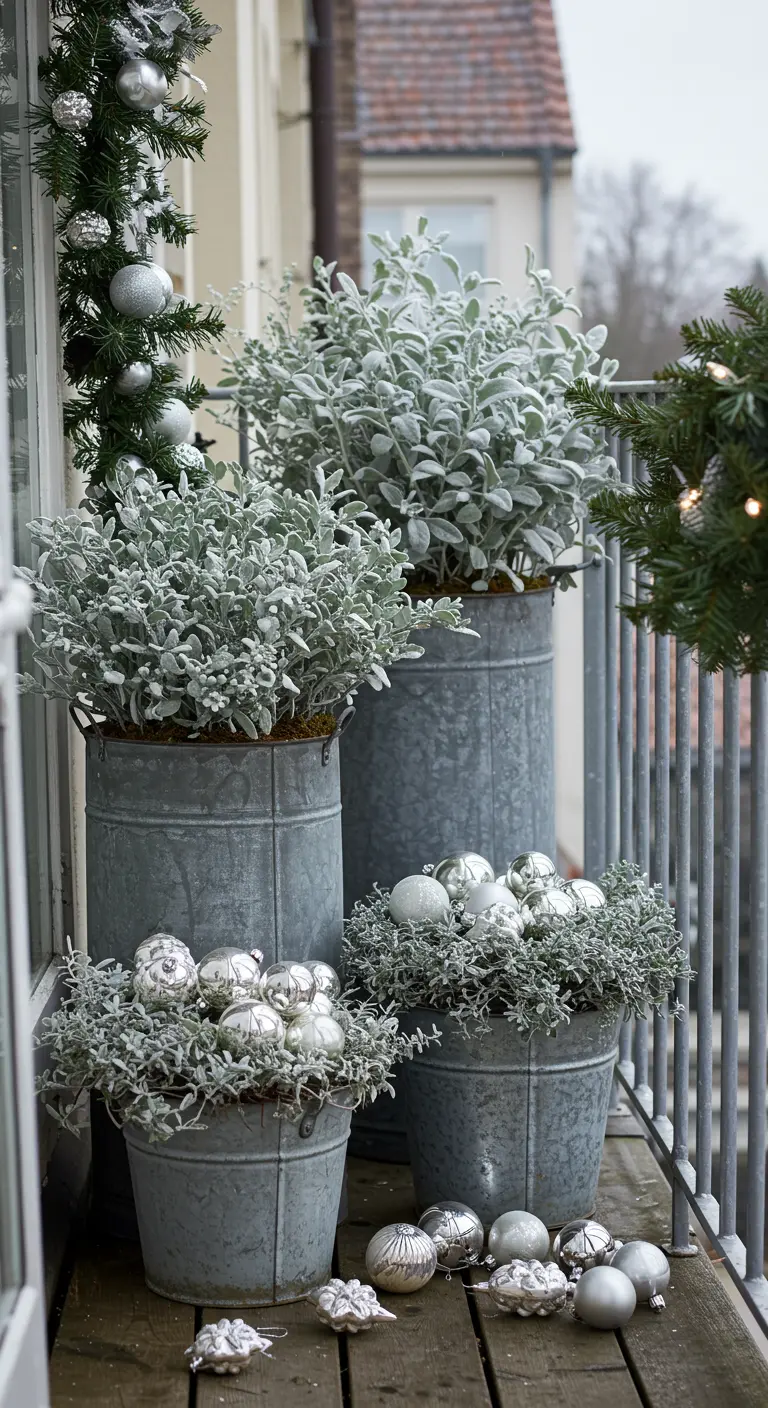 Galvanized planters filled with silvery dusty miller plants and overflowing with silver ornaments.