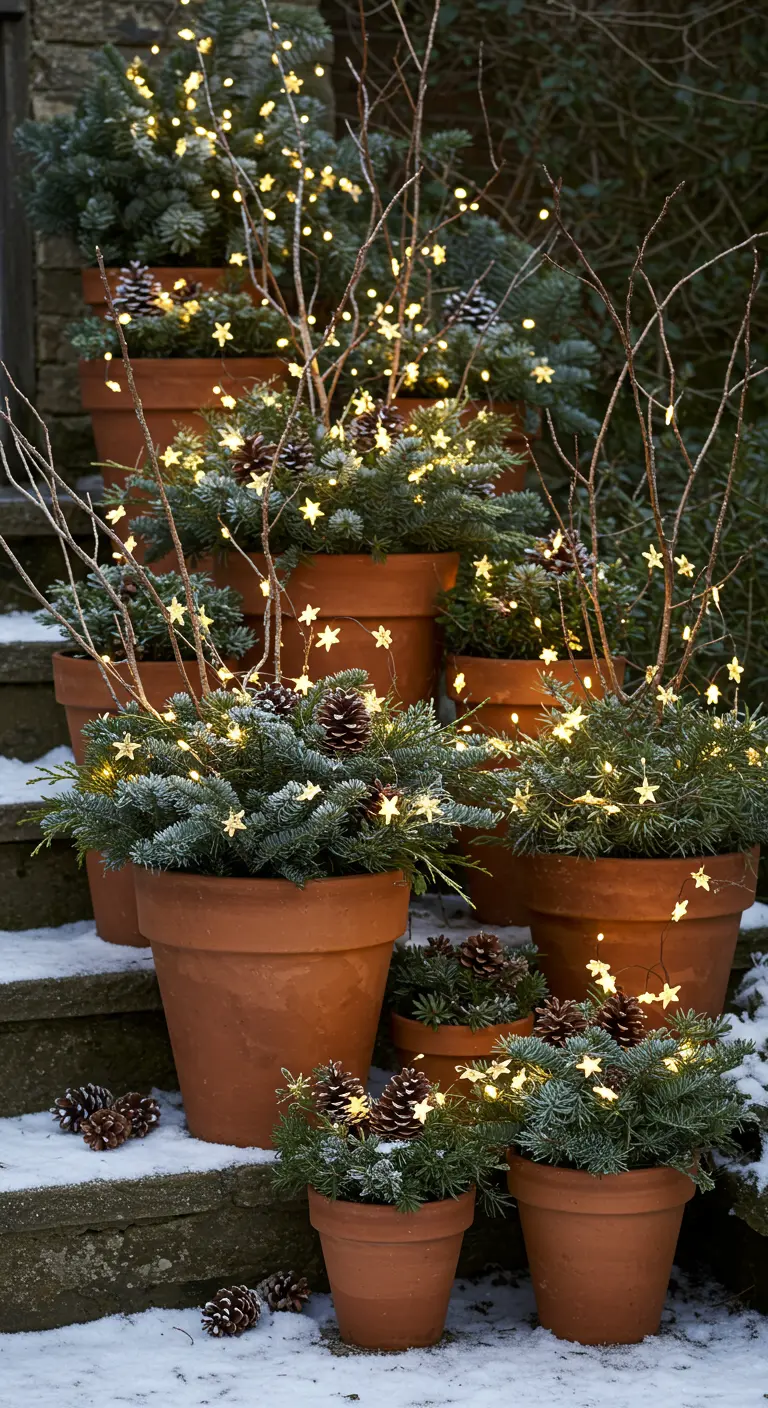 A collection of terracotta pots on snowy steps, filled with pine and star-shaped lights.