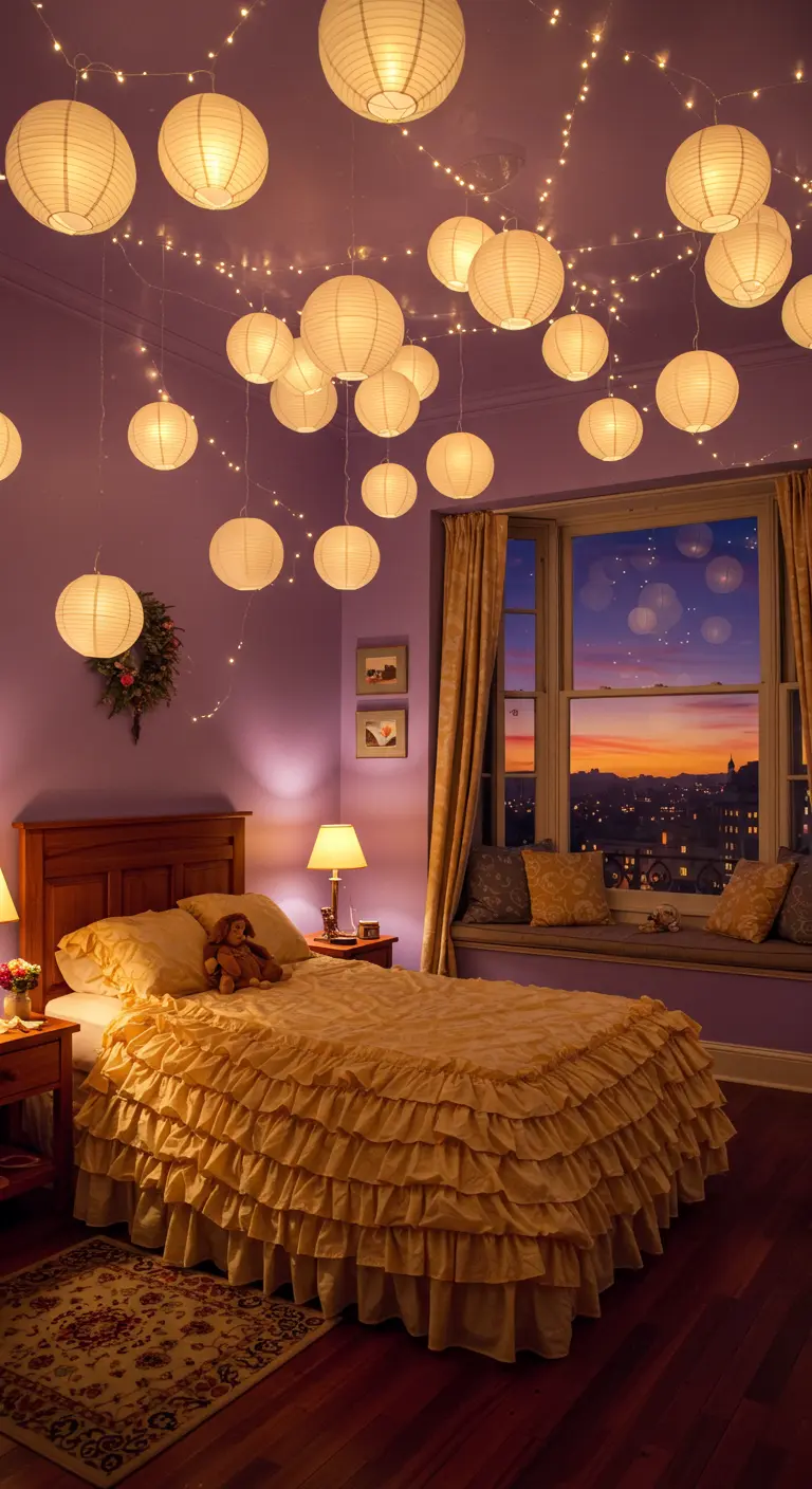 Bedroom with a ceiling covered in hanging paper lanterns and fairy lights.