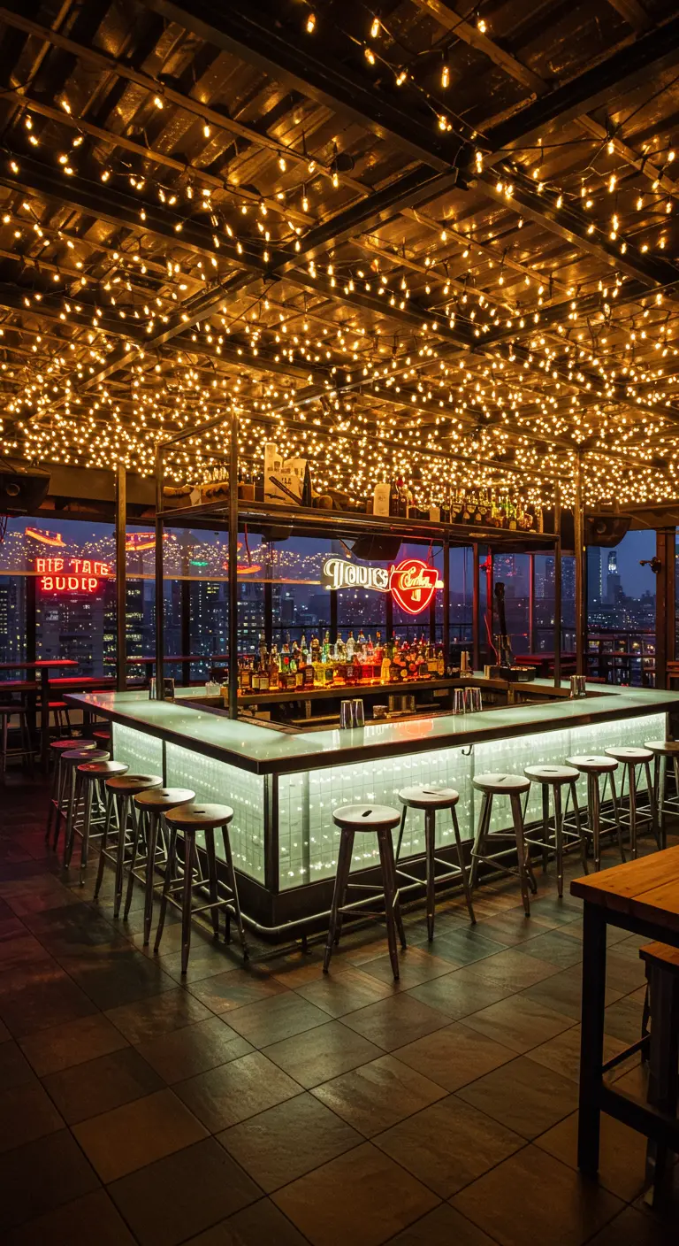 A rooftop bar with a ceiling densely covered in glowing fairy lights.