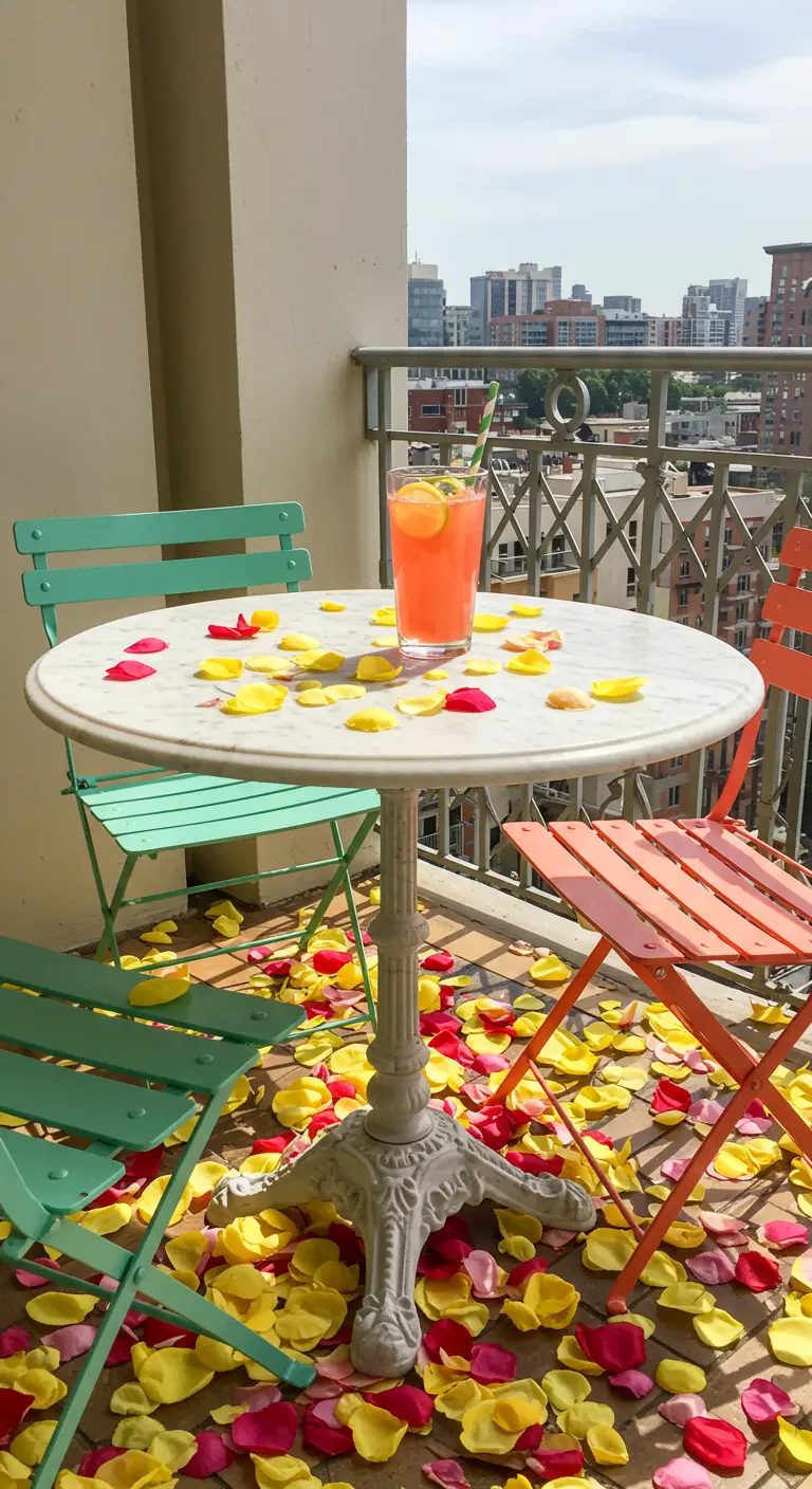 A white marble bistro table surrounded by brightly colored chairs and a floor covered in petals.