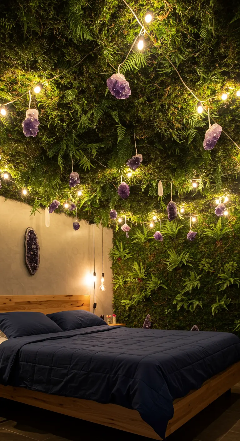 A bedroom ceiling covered in moss and ferns, with hanging amethyst crystals and string lights.