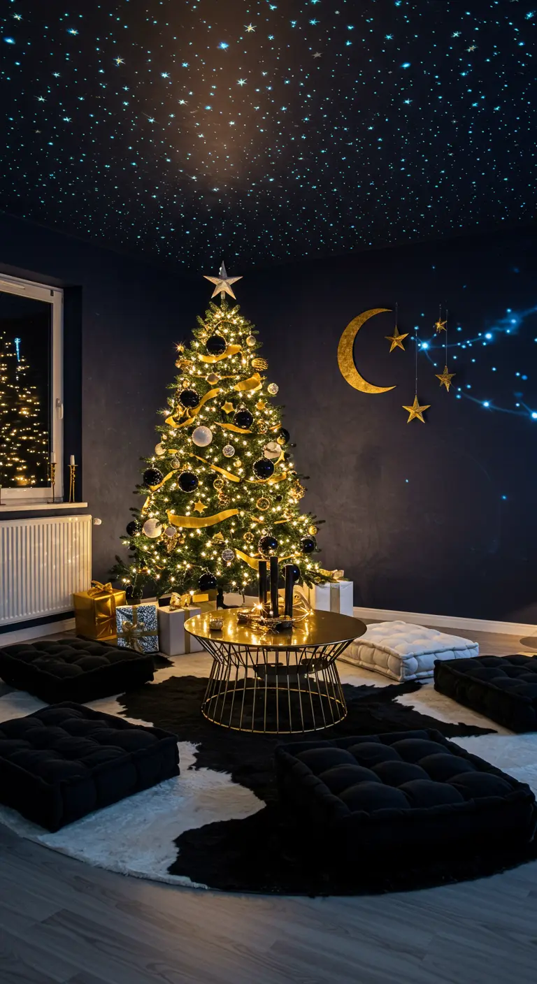 Celestial-themed room with a Christmas tree and a starry night sky projection.