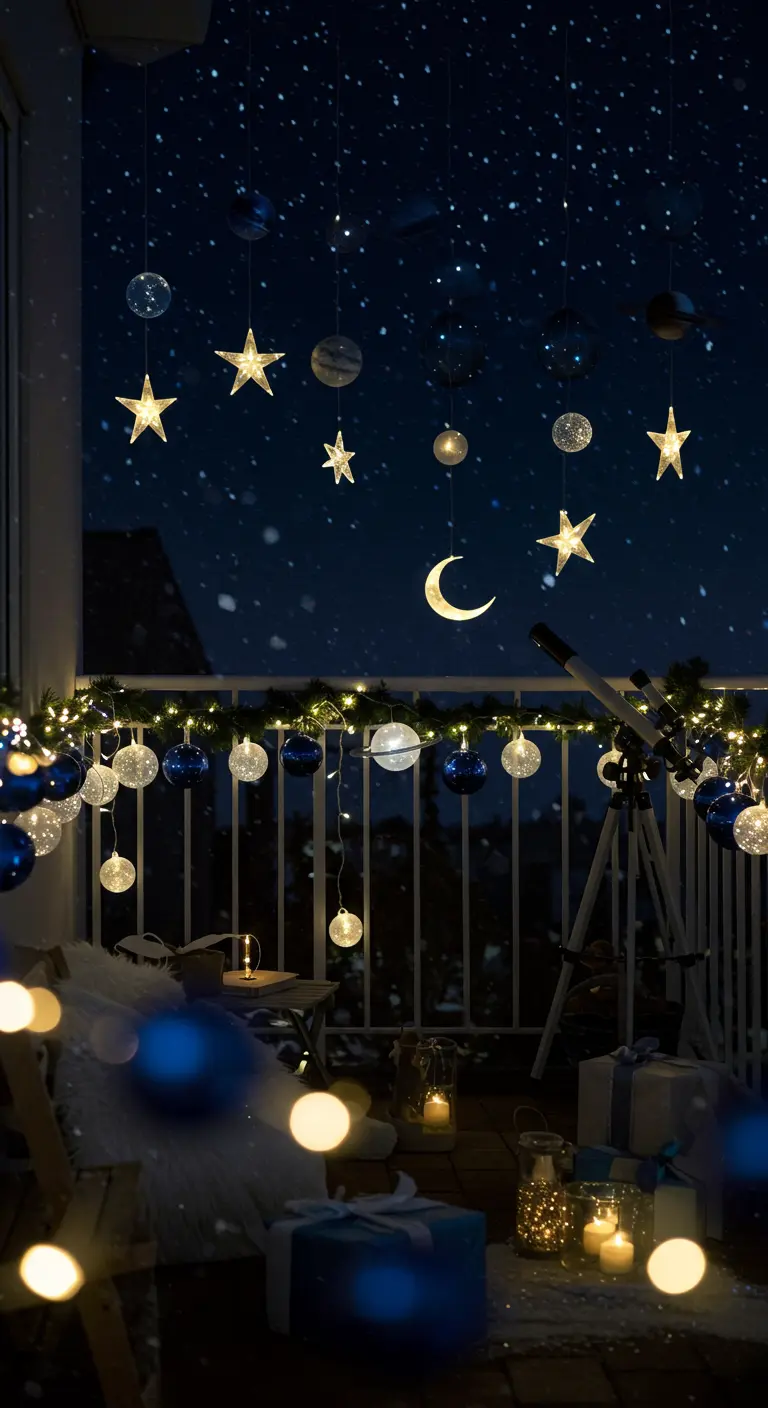 Nighttime balcony decorated with hanging stars, moons, and a telescope.
