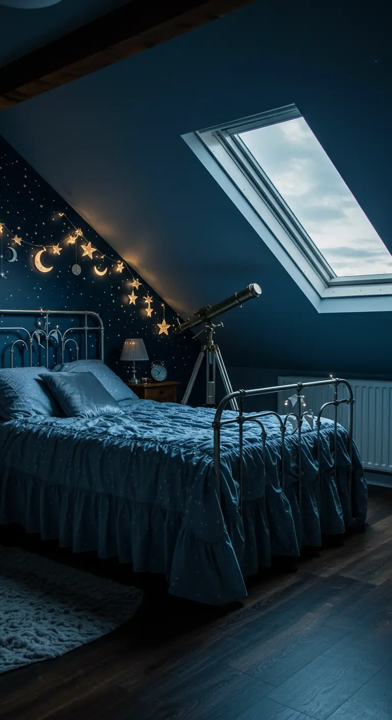 Attic bedroom with navy walls, star and moon lights, and a telescope.