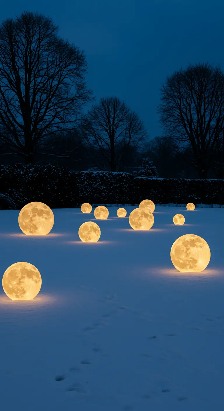 Large, glowing orbs resembling moons scattered across a dark, snowy landscape.