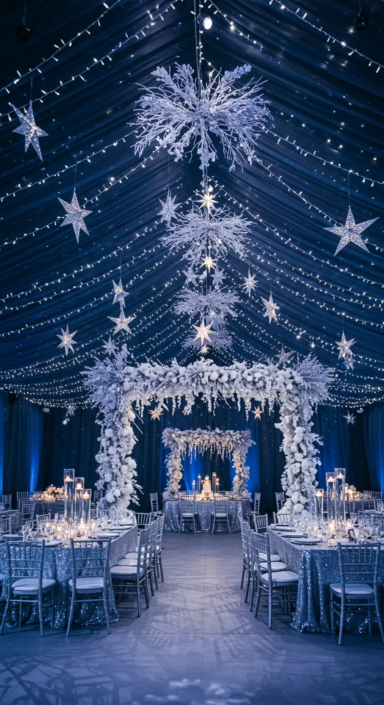 A large event space decorated as a starry night with blue lighting and hanging silver stars.