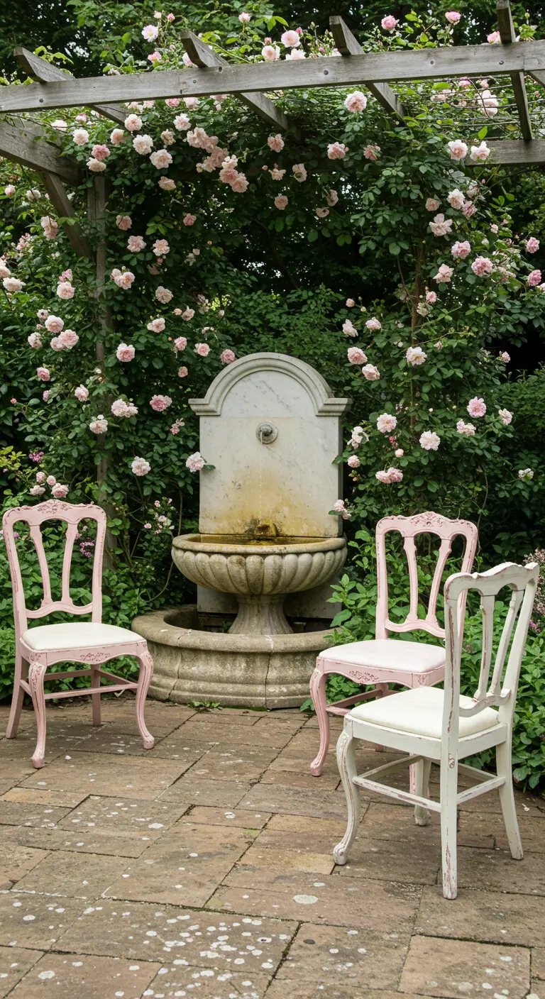 Mismatched chairs in pastel pink and white are arranged near a fountain under climbing roses.