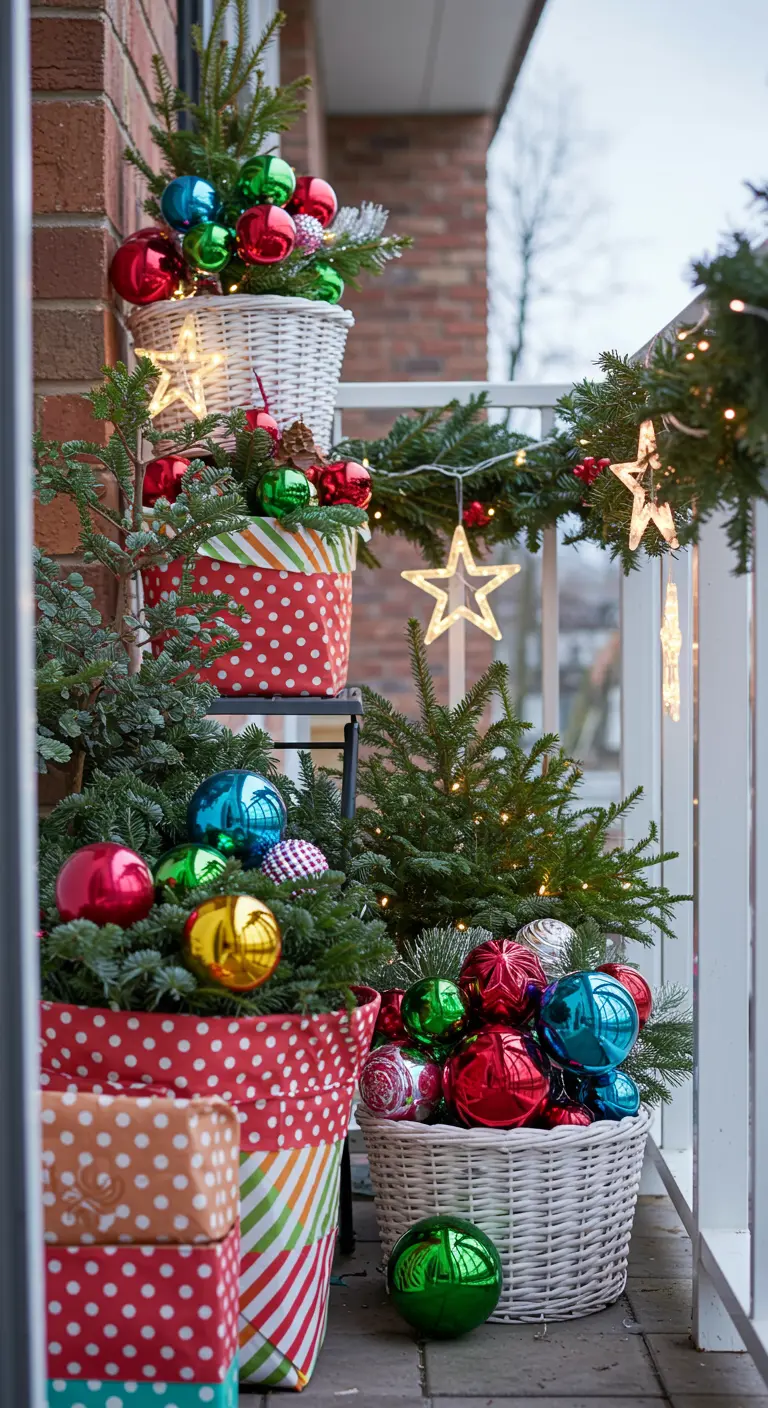 Tiered planters wrapped in colorful polka dot and striped paper, filled with evergreens and bright ornaments.