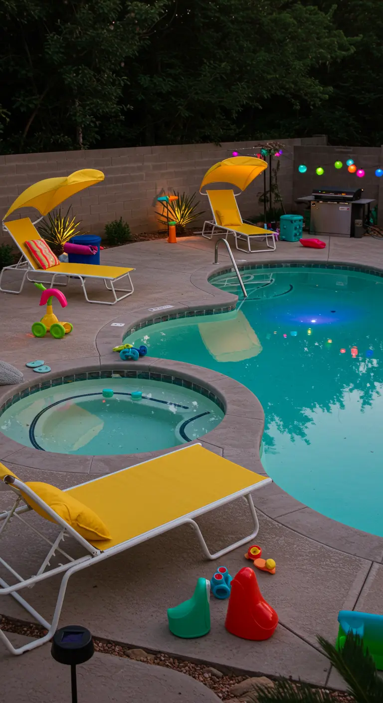 Yellow sunbeds and colorful solar lights around a family swimming pool.