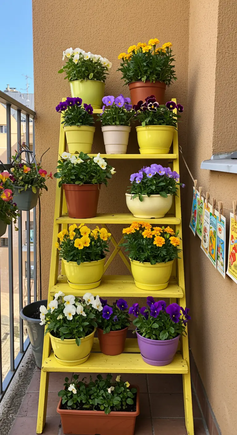 A bright yellow ladder on a balcony filled with colorful pansies in matching pots.
