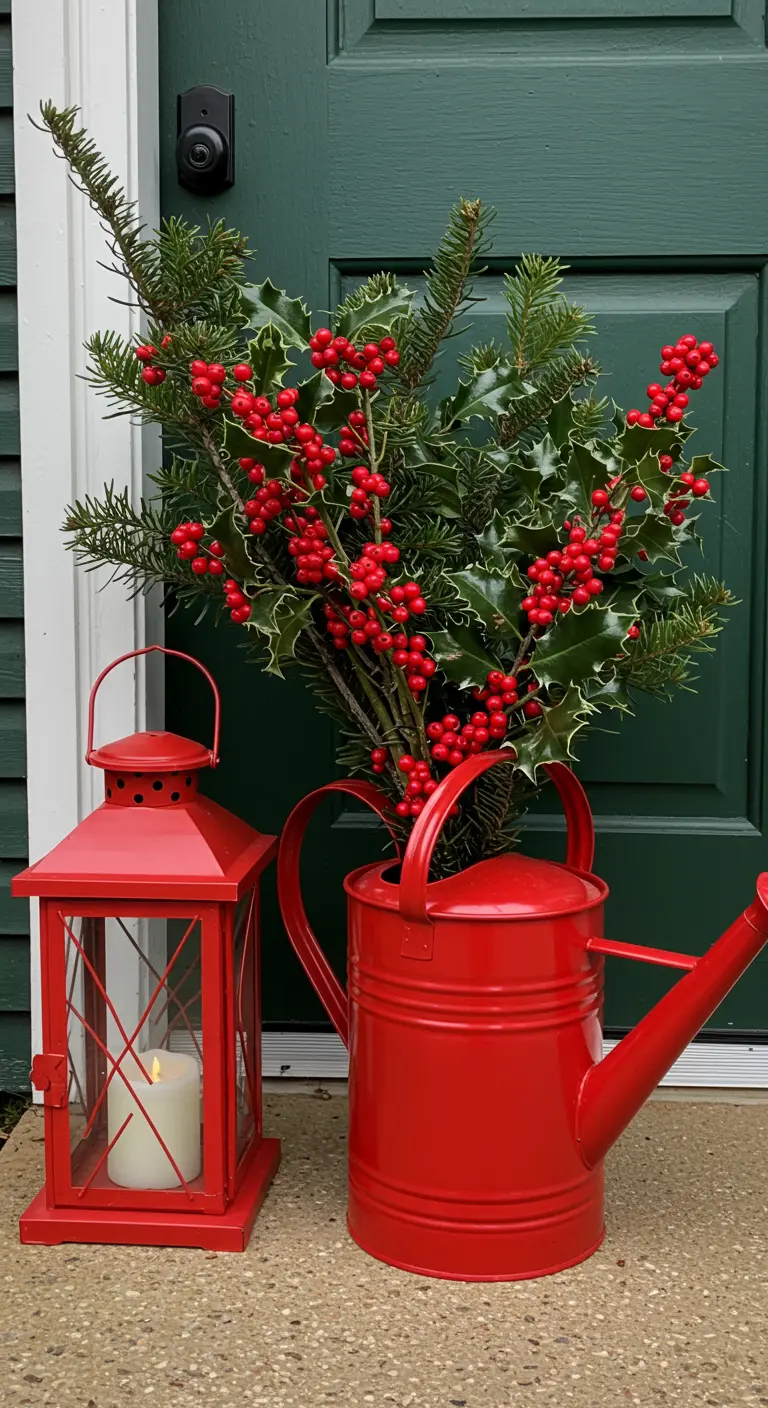 A red lantern and red watering can filled with holly against a green door.