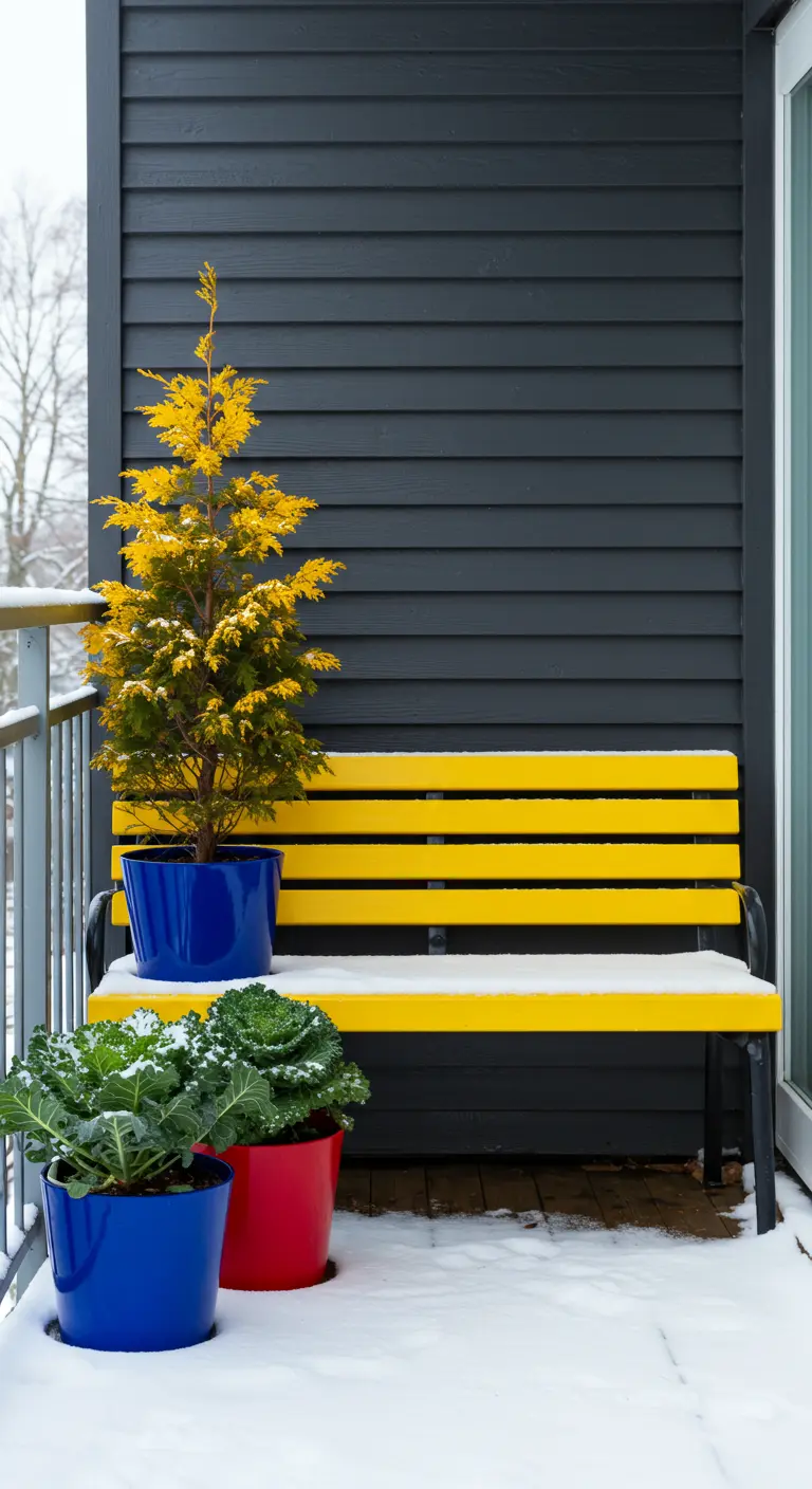 A bright yellow bench and colorful pots with a yellow cypress and ornamental kale.