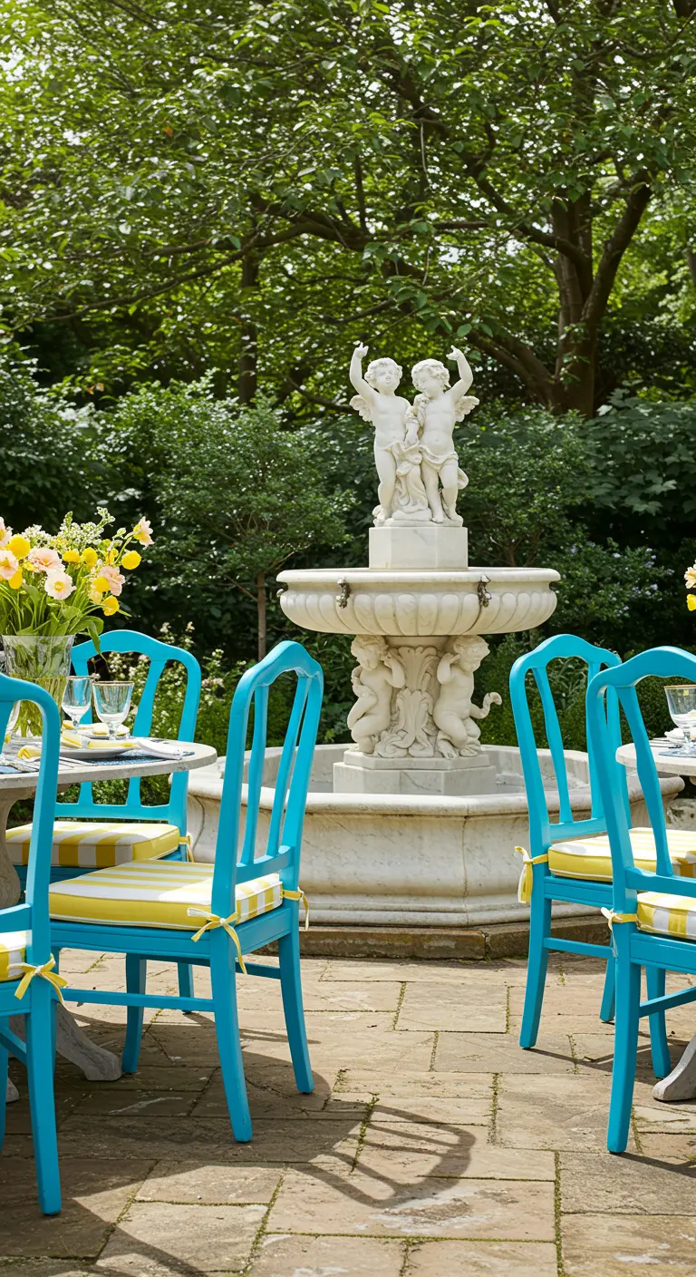 Bright turquoise chairs with yellow-and-white striped cushions surround a table near a cherub fountain.