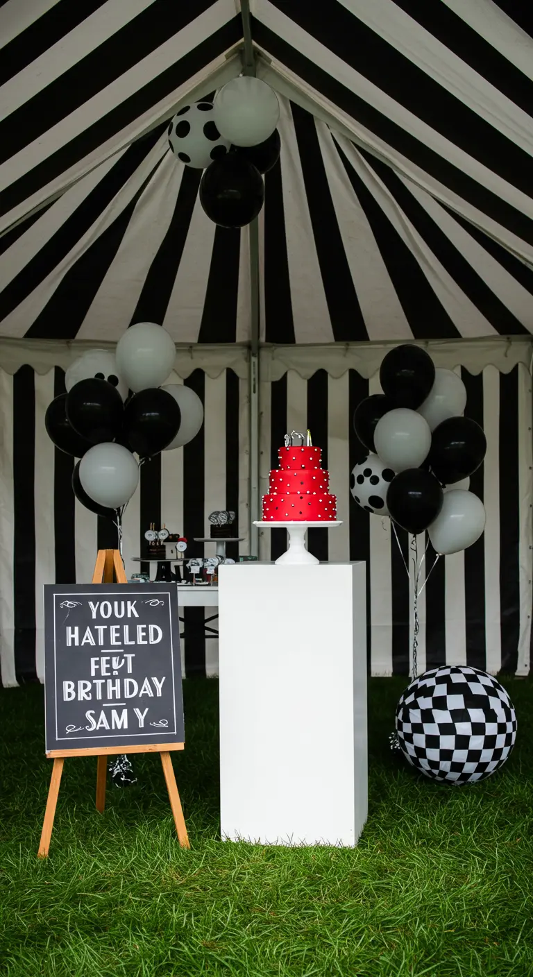 Black and white carnival theme with a bright red cake on a pedestal.