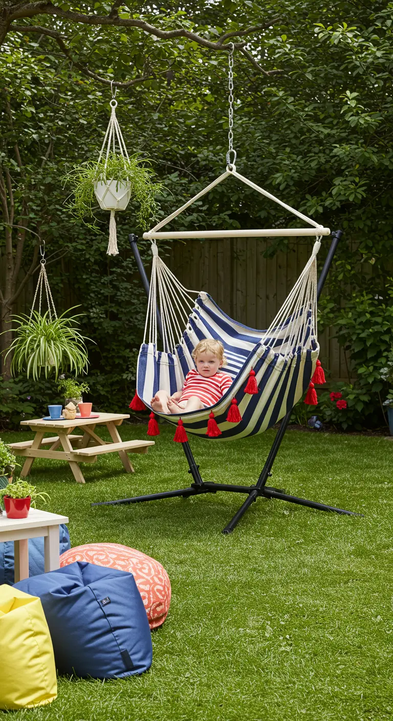 A small child sitting in a striped hammock chair with red tassels in a green backyard.