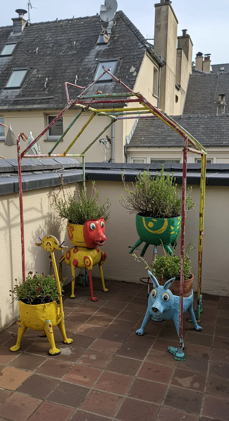 A quirky rooftop setup with a colorful handmade metal pergola and animal-shaped planters.