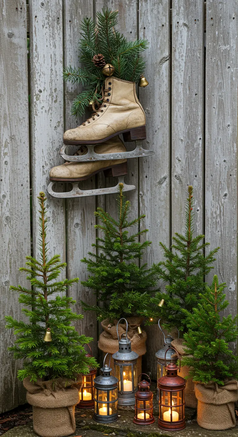 Vintage ice skates hanging on a fence above a group of small trees and lanterns.