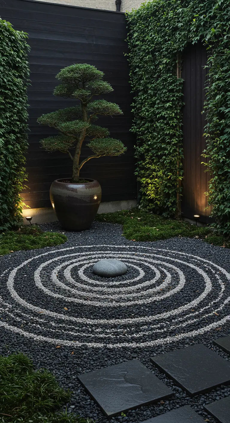 Japanese Zen garden with a concentric circle pebble design and a large bonsai in a pot.