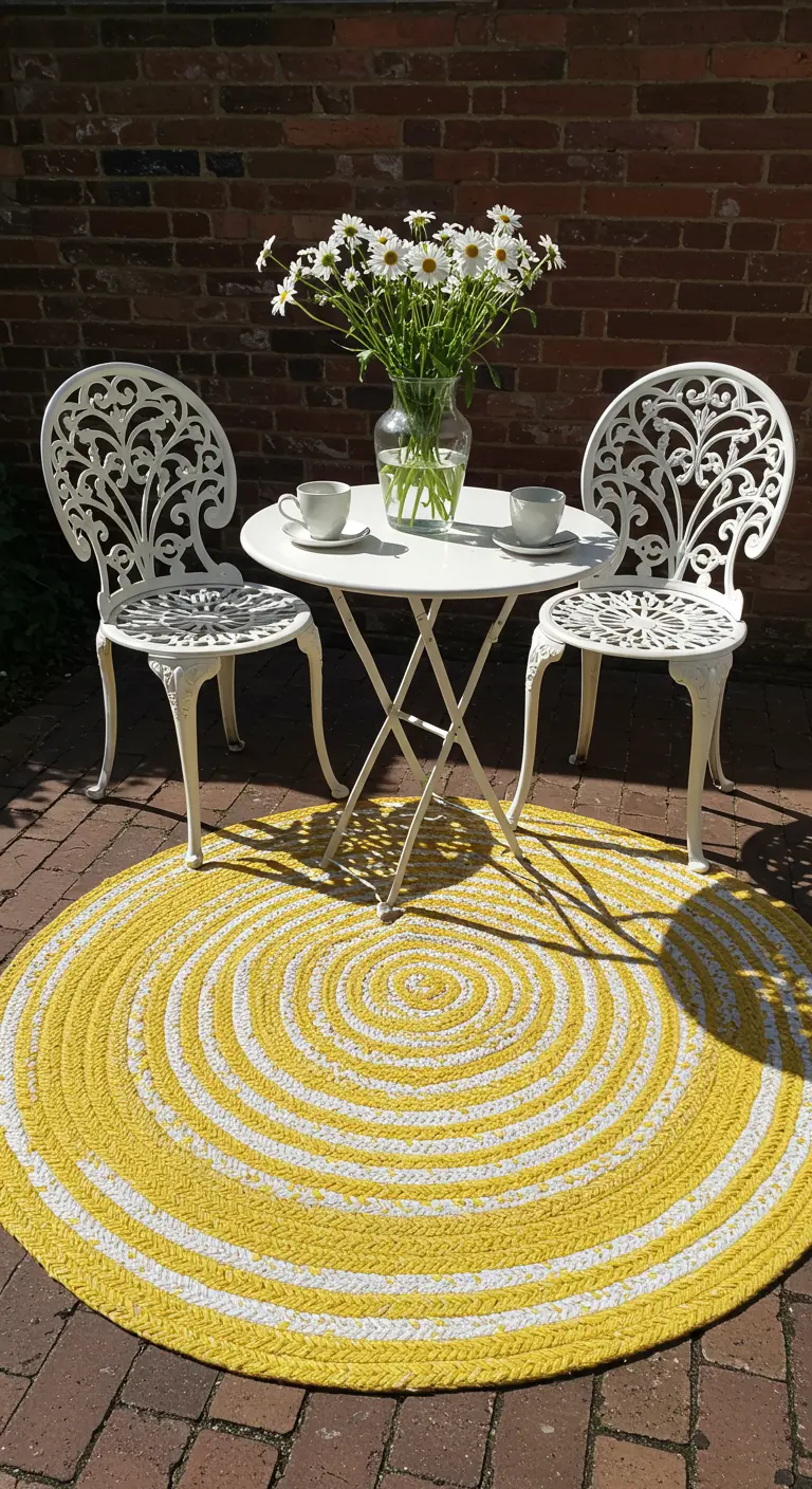 A round yellow and white spiral rug on a brick patio with a white metal bistro set.