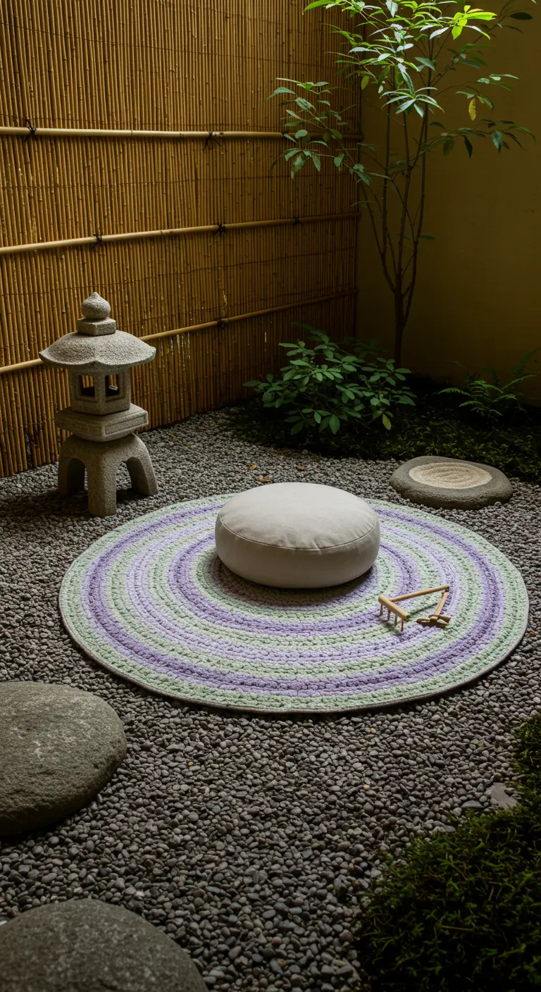 A round rug in pastel greens and purples on a gravel bed, creating a meditation spot.