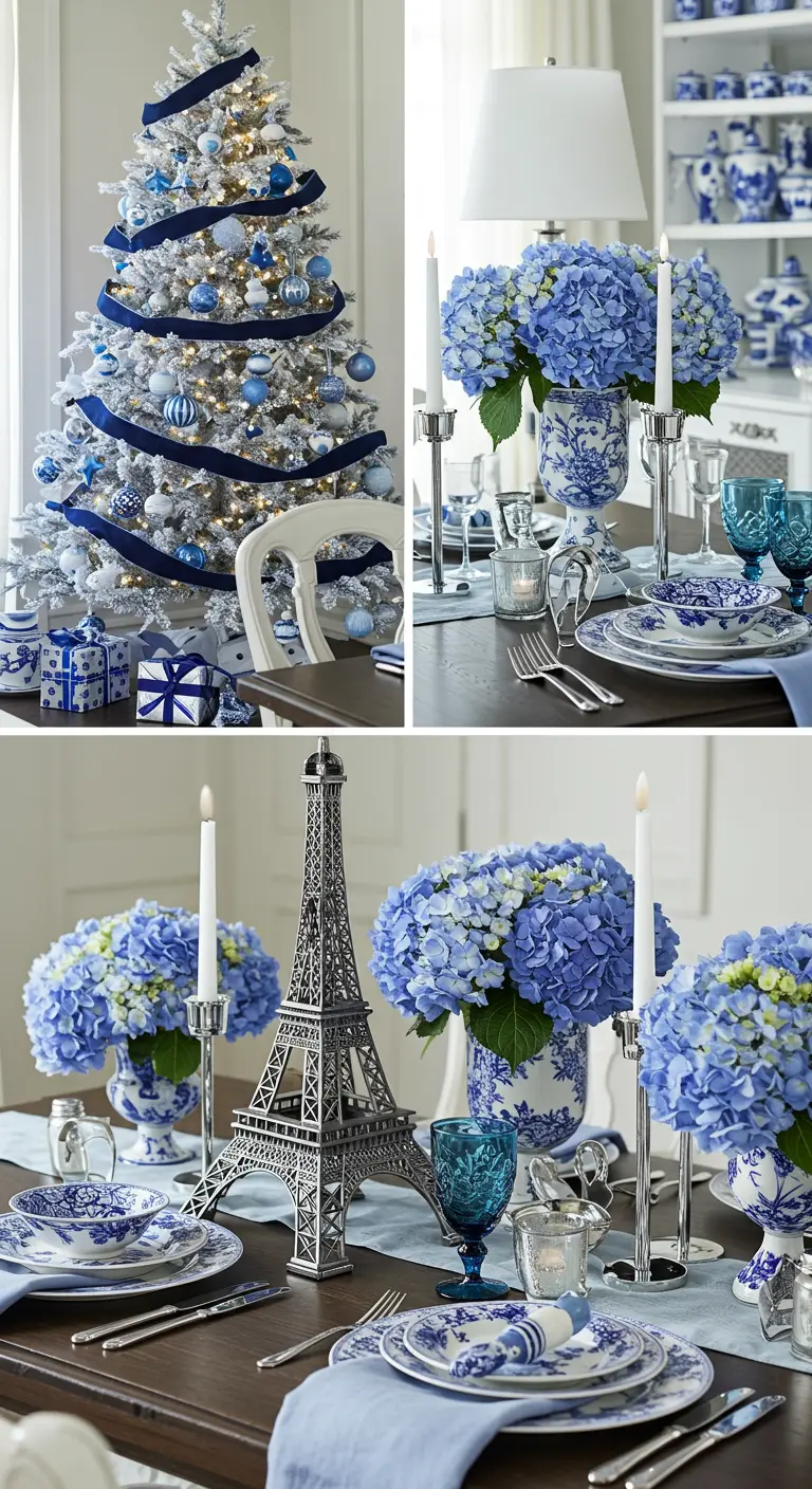 A collage of party decor in a French blue, white, and silver color scheme with hydrangeas
