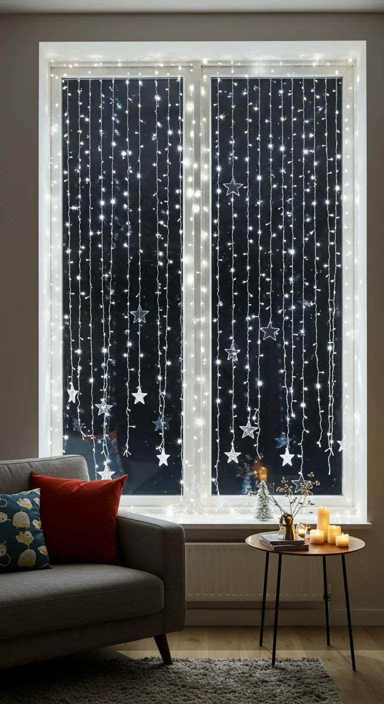 A simple window covered in a curtain of white fairy lights with small star accents.