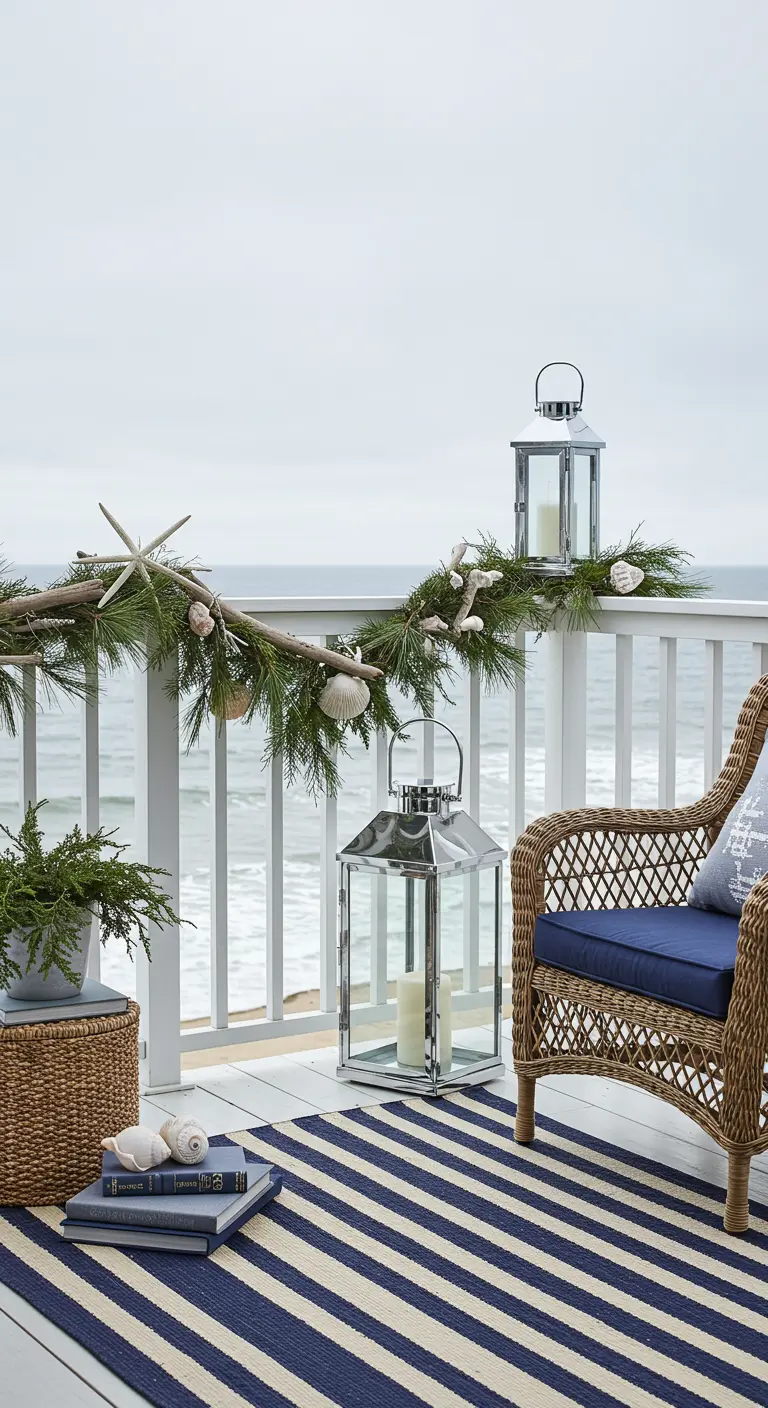 A coastal balcony with a striped rug, chrome lanterns, and a garland decorated with seashells.