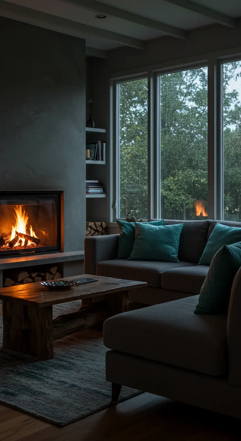 A moody living room with a fireplace, a dark grey sofa, and aqua pillows.