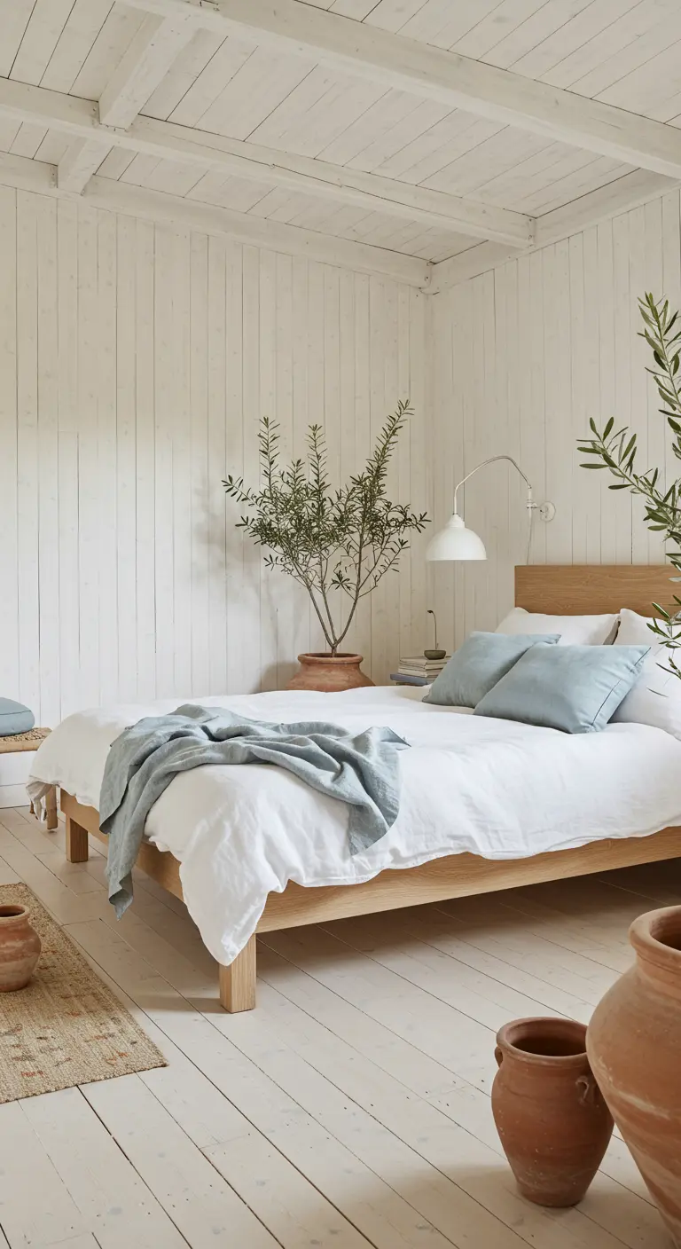 Airy white bedroom with wood paneling and soft blue bedding.