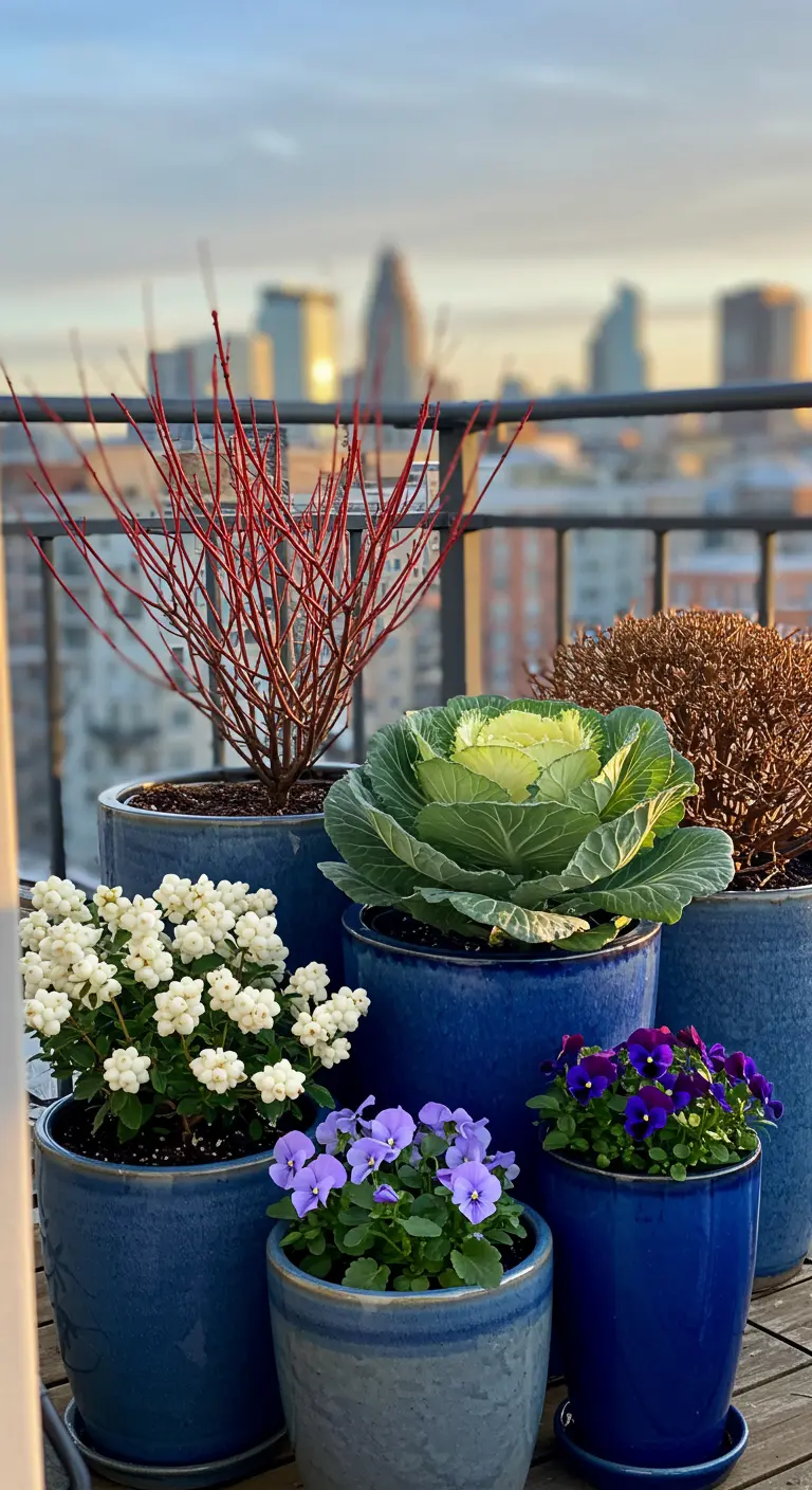 A cluster of blue ceramic pots on a rooftop deck with winter plants.