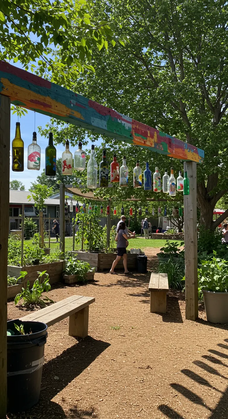 A row of hand-painted glass bottles hanging from a colorful beam in a community garden.