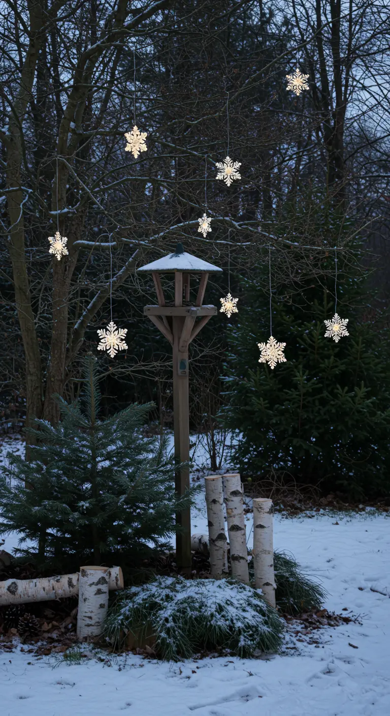 Lighted snowflakes hanging from tree branches above a bird feeder in a snowy yard.